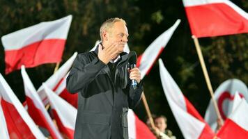 Warsaw, Poland. 9 October 2023. Donald Tusk speaks at an election rally after a televised debate on government television at the end of the campaign. photo