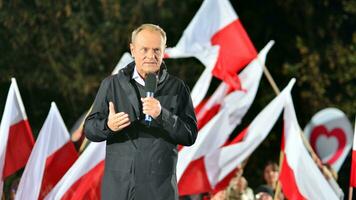 Warsaw, Poland. 9 October 2023. Donald Tusk speaks at an election rally after a televised debate on government television at the end of the campaign. photo