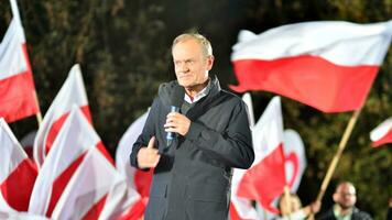 Warsaw, Poland. 9 October 2023. Donald Tusk speaks at an election rally after a televised debate on government television at the end of the campaign. photo