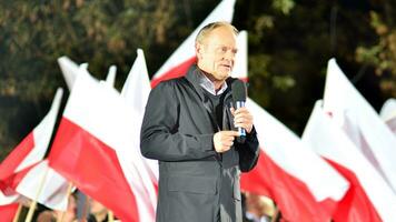 Warsaw, Poland. 9 October 2023. Donald Tusk speaks at an election rally after a televised debate on government television at the end of the campaign. photo