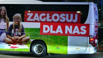 Warsaw, Poland. 9 October 2023.. Election bus of the civic coalition. Tuskobus. Donald Tusk arrives at the television studio for an election debate.. photo
