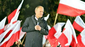 Warsaw, Poland. 9 October 2023. Donald Tusk speaks at an election rally after a televised debate on government television at the end of the campaign. photo