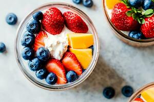 The Summer Breakfast Parfait is a colorful and delicious layered breakfast served in a glass or Mason jar. It's a quick and easy breakfast. Generative AI. photo