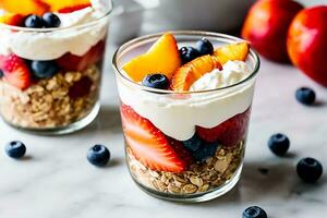 The Summer Breakfast Parfait is a colorful and delicious layered breakfast served in a glass or Mason jar. It's a quick and easy breakfast. Generative AI. photo