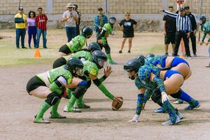 Puebla, Mexico 2023 - Friendly game of women's American football in Mexico on a flat field on a sunny day photo