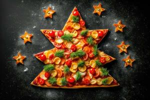 Christmas Tree Pizza Delight on Festive Background - Generative AI photo