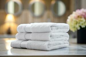 tranquilo baño ajuste - blanco toallas y floral acentos - generativo ai foto
