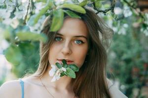 Beautiful young girl in a blue dress in a blooming Apple orchard. Blooming Apple trees with white flowers. photo