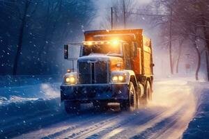 Truck on Snowy Road - Generative AI photo