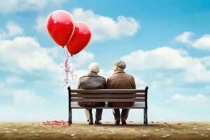 Friendship after years - two men on a Park Bench with Red Balloons - Generative AI photo