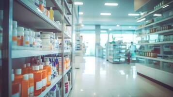 Pharmacy Shelves Filled with Medicines - Blurred Interior Background - Generative AI photo