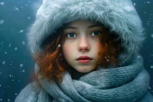 retrato de un hermosa niña en contra el antecedentes de que cae nieve - generativo ai foto