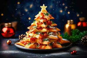Original Pizza Artwork - Christmas Tree Design on Blurred Background - Generative AI photo