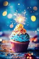 Culinary Magic - Festive Cupcake with Cream, Sweets, and Candle - Generative AI photo