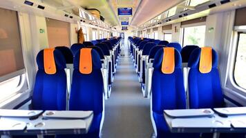 Warsaw, Poland. 7 September 2023. Interior of a passenger train. Empty chairs in the wagon. PKP Intercity. photo