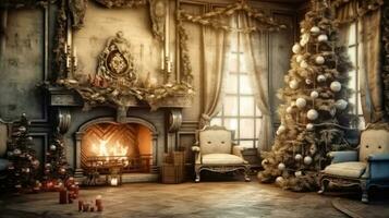 festivo Navidad decoración - chimenea, árbol y regalos - generativo ai foto