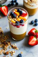 The Summer Breakfast Parfait is a colorful and delicious layered breakfast served in a glass or Mason jar. It's a quick and easy breakfast. Generative AI. photo