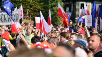 Warsaw, Poland. 1 October 2023. March of a Million Hearts. Hundreds of thousands march in  anti-government protest to show support for democracy. The spontaneous reaction of people. photo