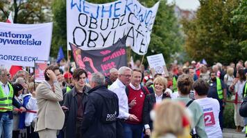 Warsaw, Poland. 1 October 2023. March of a Million Hearts. Hundreds of thousands march in  anti-government protest to show support for democracy. The spontaneous reaction of people. photo