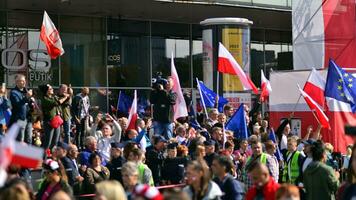 Warsaw, Poland. 1 October 2023. March of a Million Hearts. Hundreds of thousands march in  anti-government protest to show support for democracy. The spontaneous reaction of people. photo