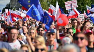 Warsaw, Poland. 1 October 2023. March of a Million Hearts. Hundreds of thousands march in  anti-government protest to show support for democracy. The spontaneous reaction of people. photo