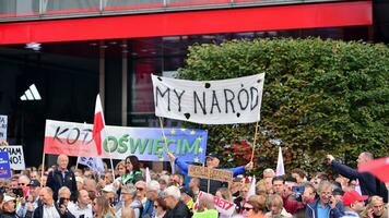 Warsaw, Poland. 1 October 2023. March of a Million Hearts. Hundreds of thousands march in  anti-government protest to show support for democracy. The spontaneous reaction of people. photo