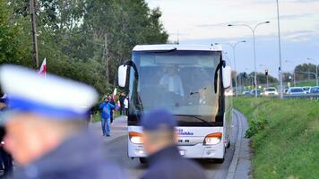 Warsaw, Poland. 9 October 2023.. Election bus of the civic coalition. Tuskobus. Donald Tusk arrives at the television studio for an election debate.. photo