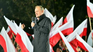 Warsaw, Poland. 9 October 2023. Donald Tusk speaks at an election rally after a televised debate on government television at the end of the campaign. photo