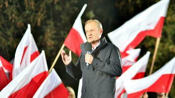 Warsaw, Poland. 9 October 2023. Donald Tusk speaks at an election rally after a televised debate on government television at the end of the campaign. photo