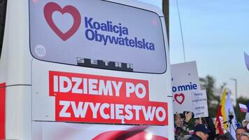 Warsaw, Poland. 9 October 2023.. Election bus of the civic coalition. Tuskobus. Donald Tusk arrives at the television studio for an election debate.. photo