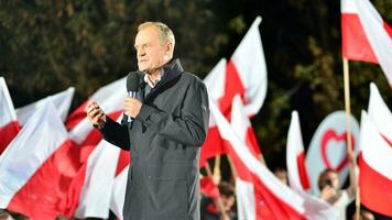 Warsaw, Poland. 9 October 2023. Donald Tusk speaks at an election rally after a televised debate on government television at the end of the campaign. photo