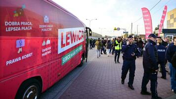 Warsaw, Poland. 9 October 2023.. Election bus of the Left Party.  Joanna Scheuring-Wielgus comes to the television studio for an election debate. photo