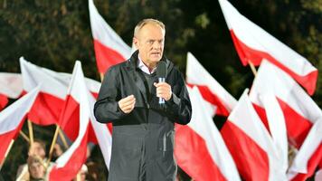 Warsaw, Poland. 9 October 2023. Donald Tusk speaks at an election rally after a televised debate on government television at the end of the campaign. photo