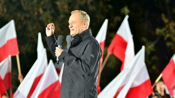 Warsaw, Poland. 9 October 2023. Donald Tusk speaks at an election rally after a televised debate on government television at the end of the campaign. photo