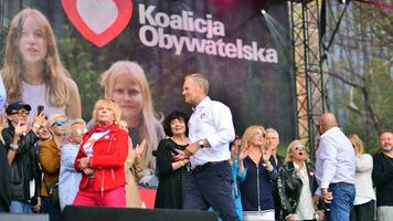 Warsaw Poland. October 1, 2023. Million Hearts March. Artists appeared on the stage at the end of the march route and sang the song photo