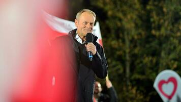 Warsaw, Poland. 9 October 2023. Donald Tusk speaks at an election rally after a televised debate on government television at the end of the campaign. photo