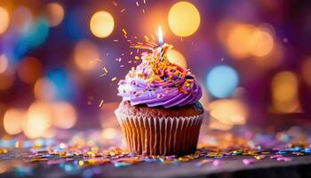 Candlelit Delights - Festive Cupcake with Cream, Sweets, and Bokeh Background - Generative AI photo