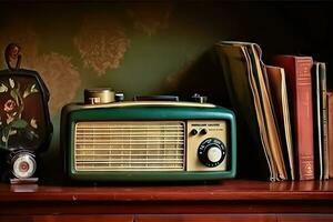 Vintage Radio Resting on a Shelf Amongst Books - Generative AI photo