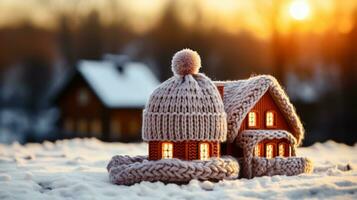 miniatura casa en invierno sombrero - generativo ai foto