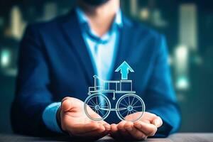 Businessman Holding Wheelchair Icon - Disability Infrastructure Concept - Generative AI photo