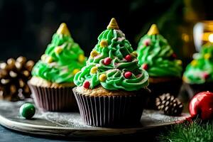 Navidad confección - ingeniosamente decorado árbol pastel en borroso antecedentes - generativo ai foto