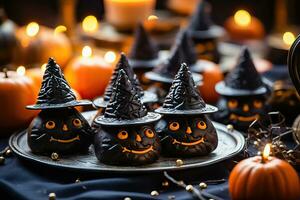 Trick-or-Treat Delights - Pumpkin and Witch's Hat Treats - Generative AI photo