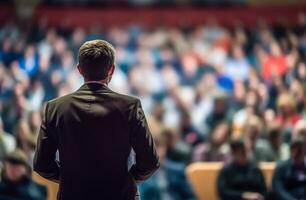 Confident Businessman Addressing a Crowd - Generative AI photo
