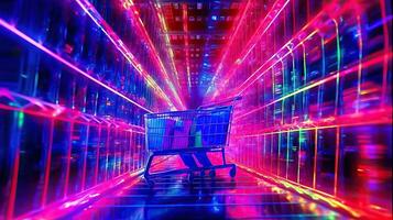 Online Shopping Cart in Neon Lights - Generative AI photo