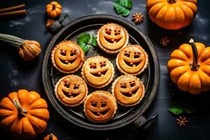 Víspera de Todos los Santos calabaza galletas - un dulce celebracion - generativo ai foto