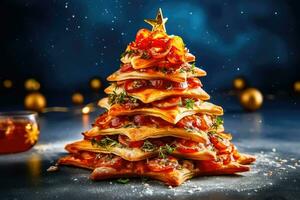 creativo Navidad en forma de árbol Pizza con bokeh efecto - generativo ai foto