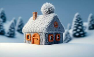Winter Wonderland - Tiny House in a Knitted Cap - Generative AI photo
