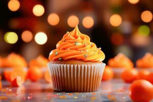Festive Cupcake Delight - Creamy Citrus Treat on Bokeh Background - Generative AI photo