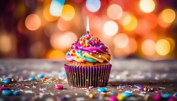 feliz celebracion - magdalena con crema, dulces, y parpadeando vela - generativo ai foto