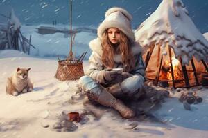 Snowy Retreat - Girl Keeping Warm by the Fire - Generative AI photo